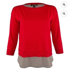 Lauren Ralph Lauren- 3/4 Sleeve Sweater w/Striped Shirting Hem, Red, Size L
